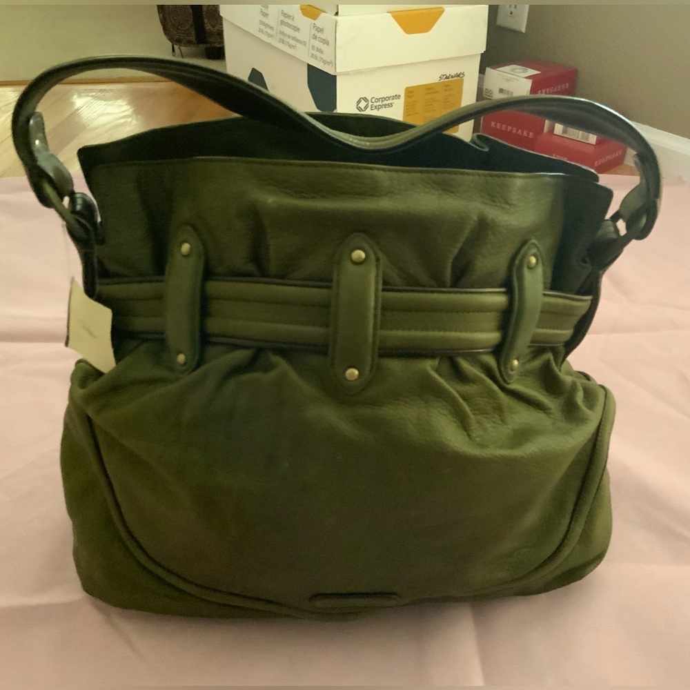 New Large Cole Haan Olive Green Leather Shoulder Bag Purse